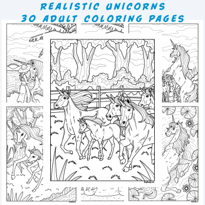Realistic Unicorns - 30 Adult Coloring Pages